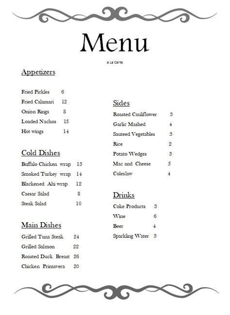 A LA CARTE MENU .